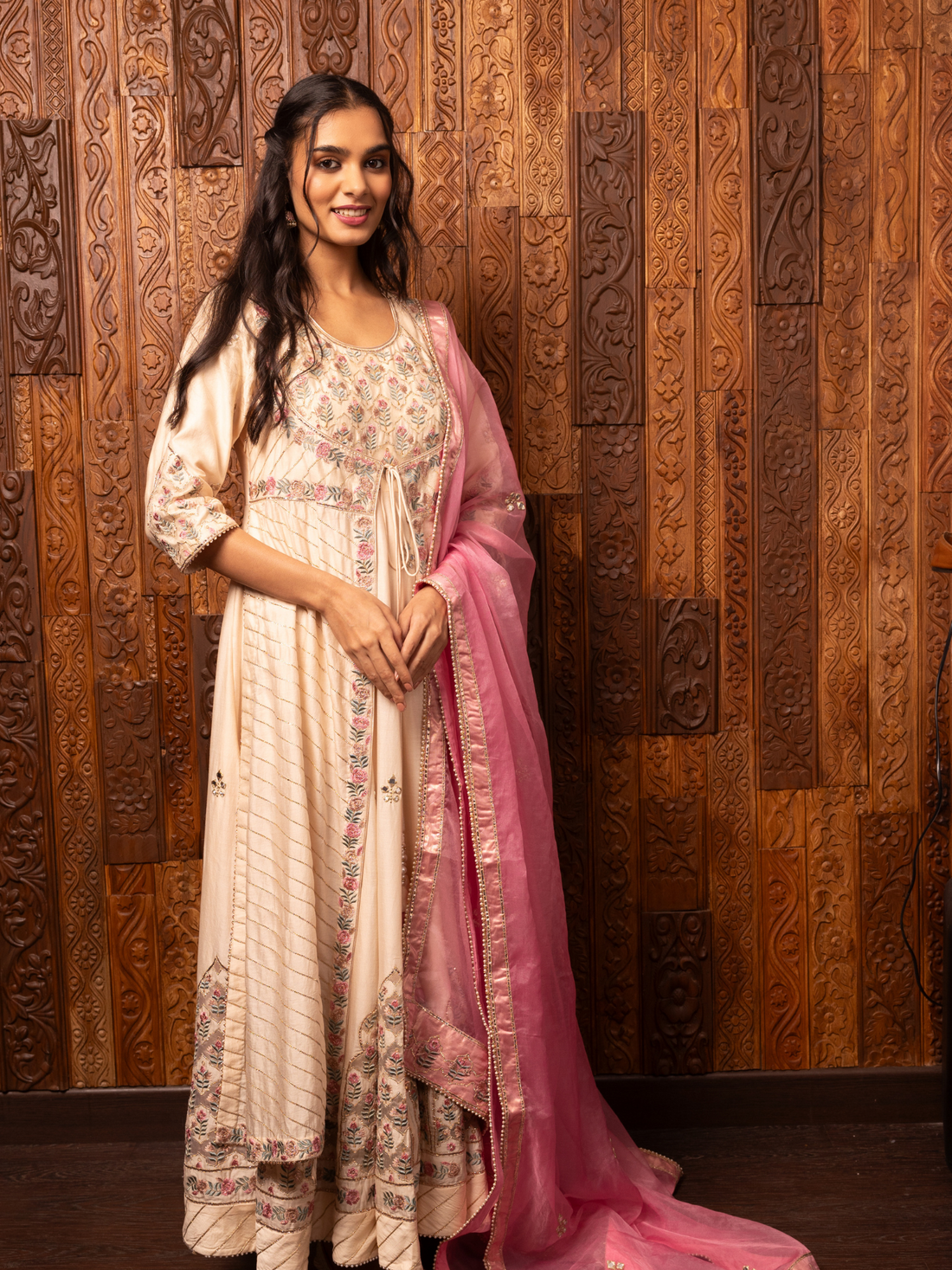 Pink Embroidered Silk Chanderi Kalidar Set