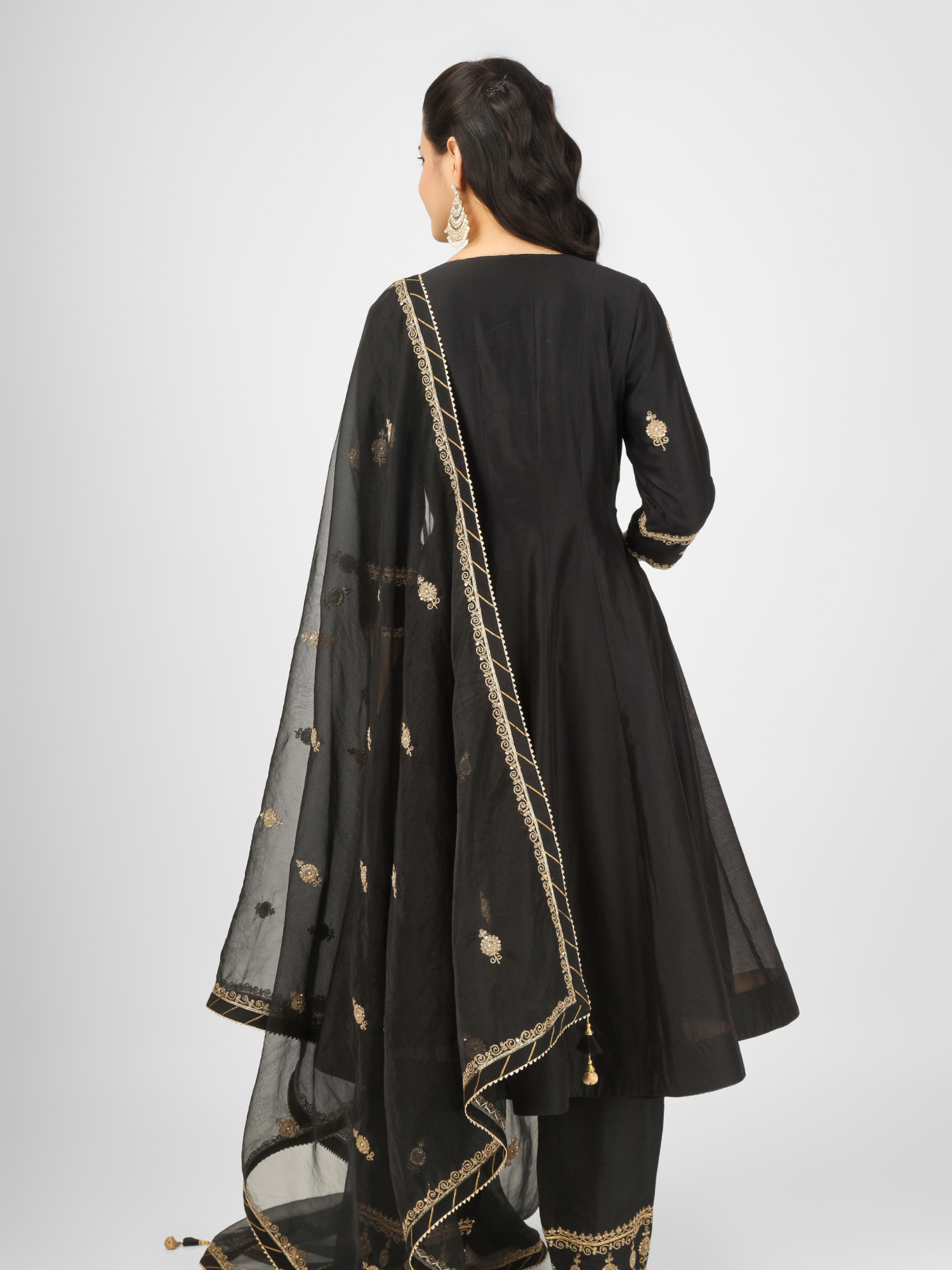 Black Embroidered Silk Chanderi Anarkali Set