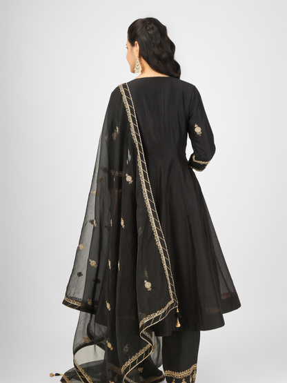 Black Embroidered Silk Chanderi Anarkali Set