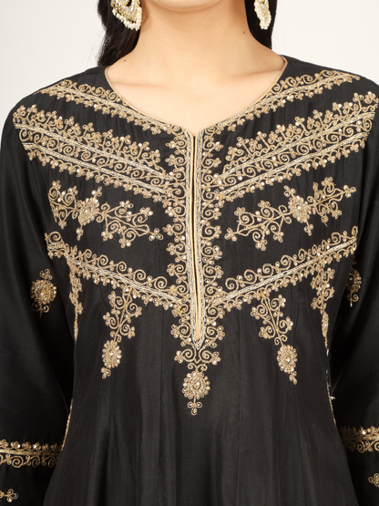 Black Embroidered Silk Chanderi Anarkali Set