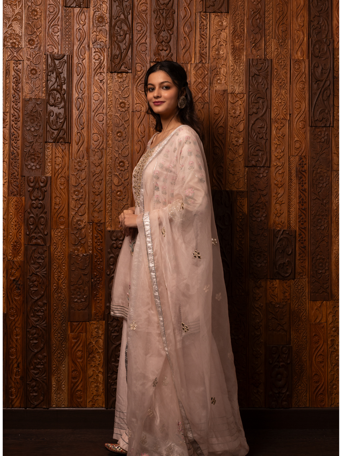 Light Pink Embroidered Chanderi Kurta Sharara Set