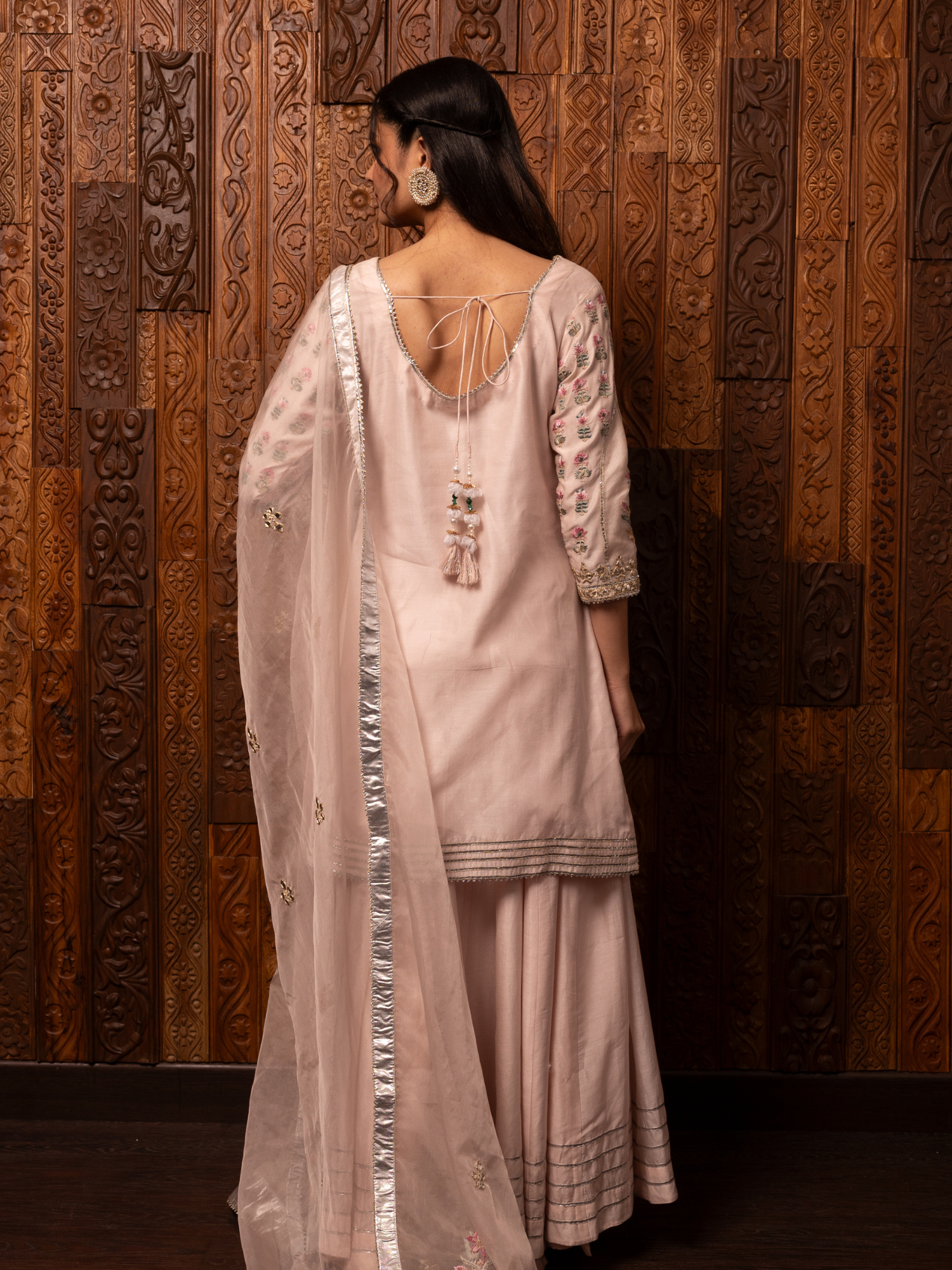 Light Pink Embroidered Chanderi Kurta Sharara Set