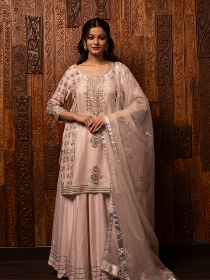 Light Pink Embroidered Chanderi Kurta Sharara Set