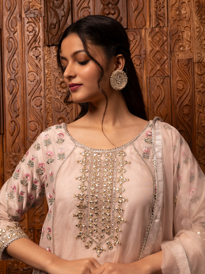 Light Pink Embroidered Chanderi Kurta Sharara Set