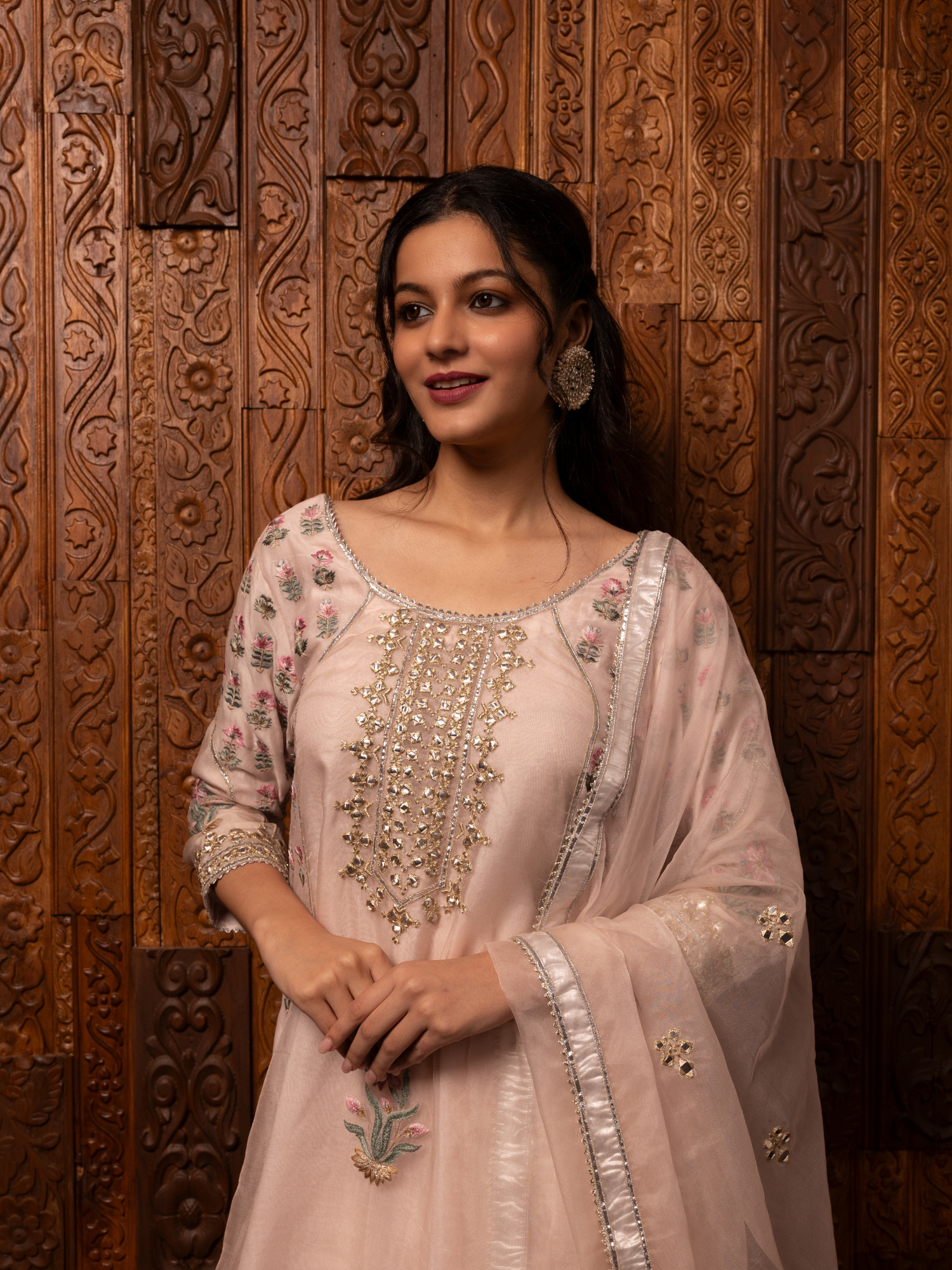 Light Pink Embroidered Chanderi Kurta Sharara Set