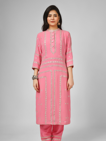 Pink Embroidered Georgette Kurta Set