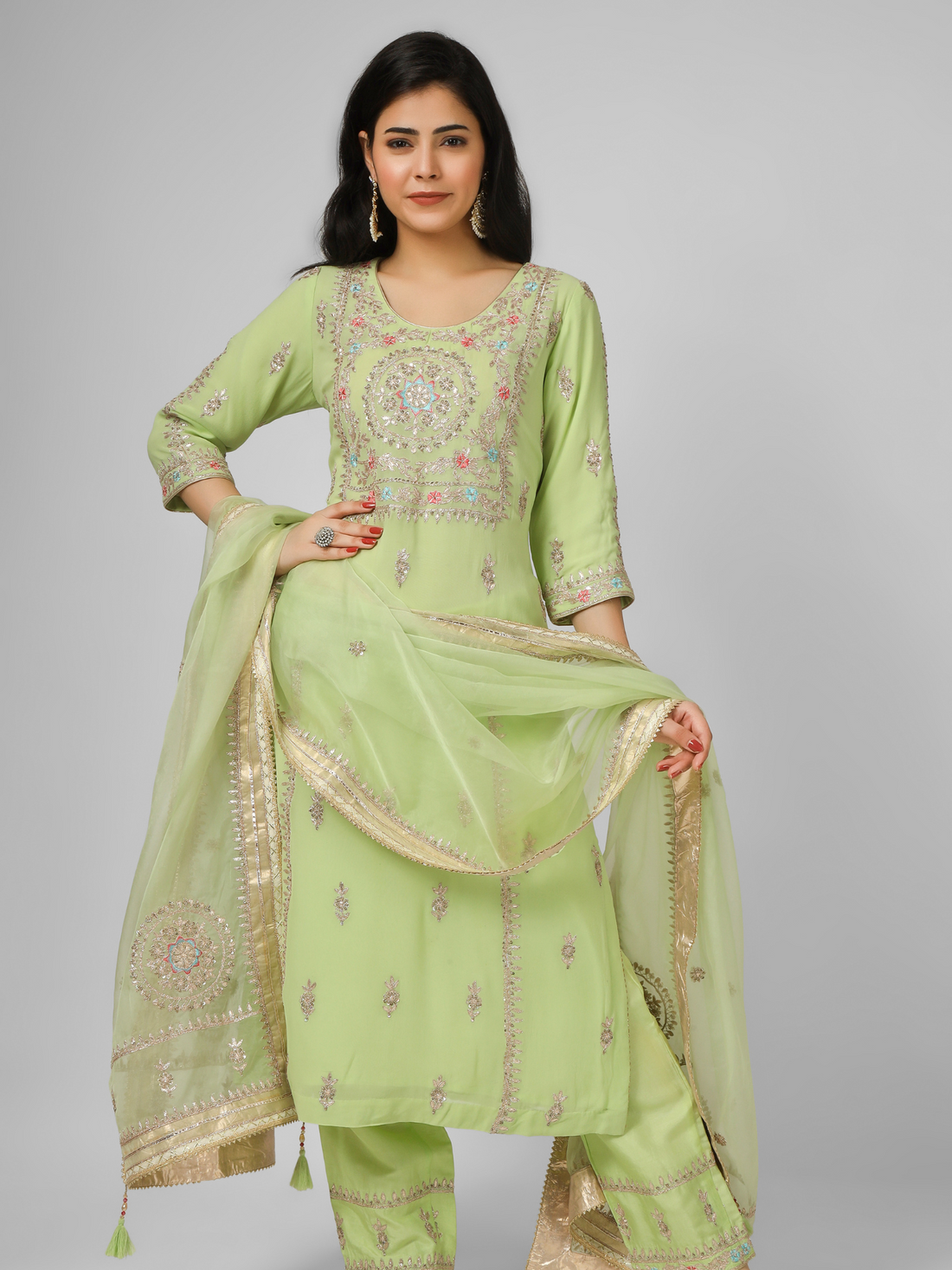 Lime Green Embroidered Georgette  Kurta Suit Set