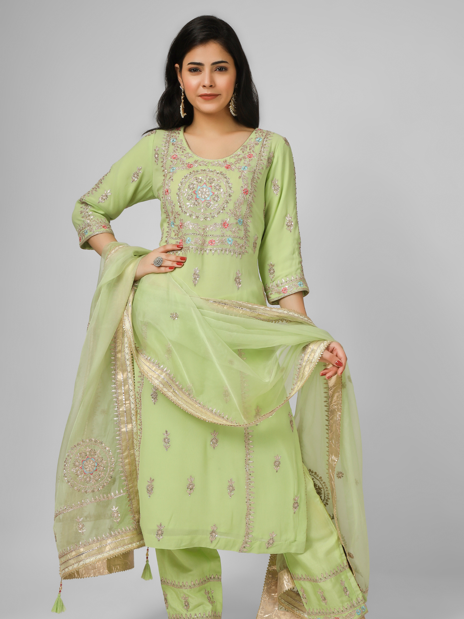 Lime Green Embroidered Georgette  Kurta Set