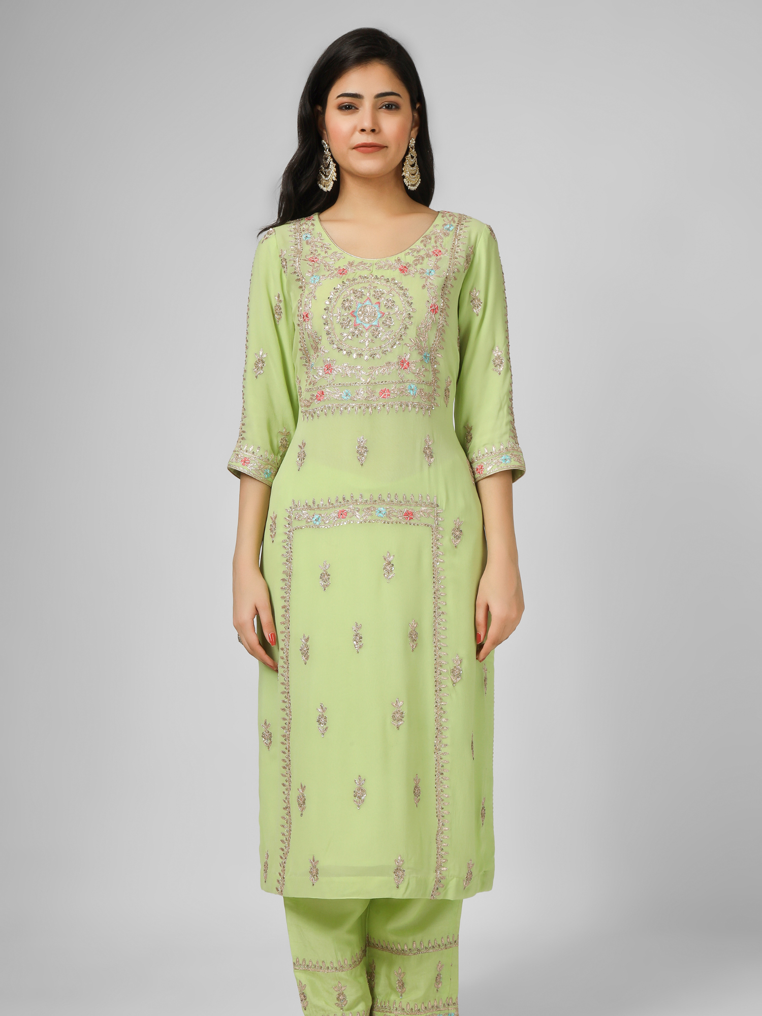 Lime Green Embroidered Georgette  Kurta Set