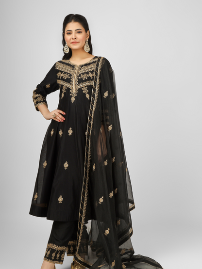 Black Embroidered Silk Chanderi Anarkali Set