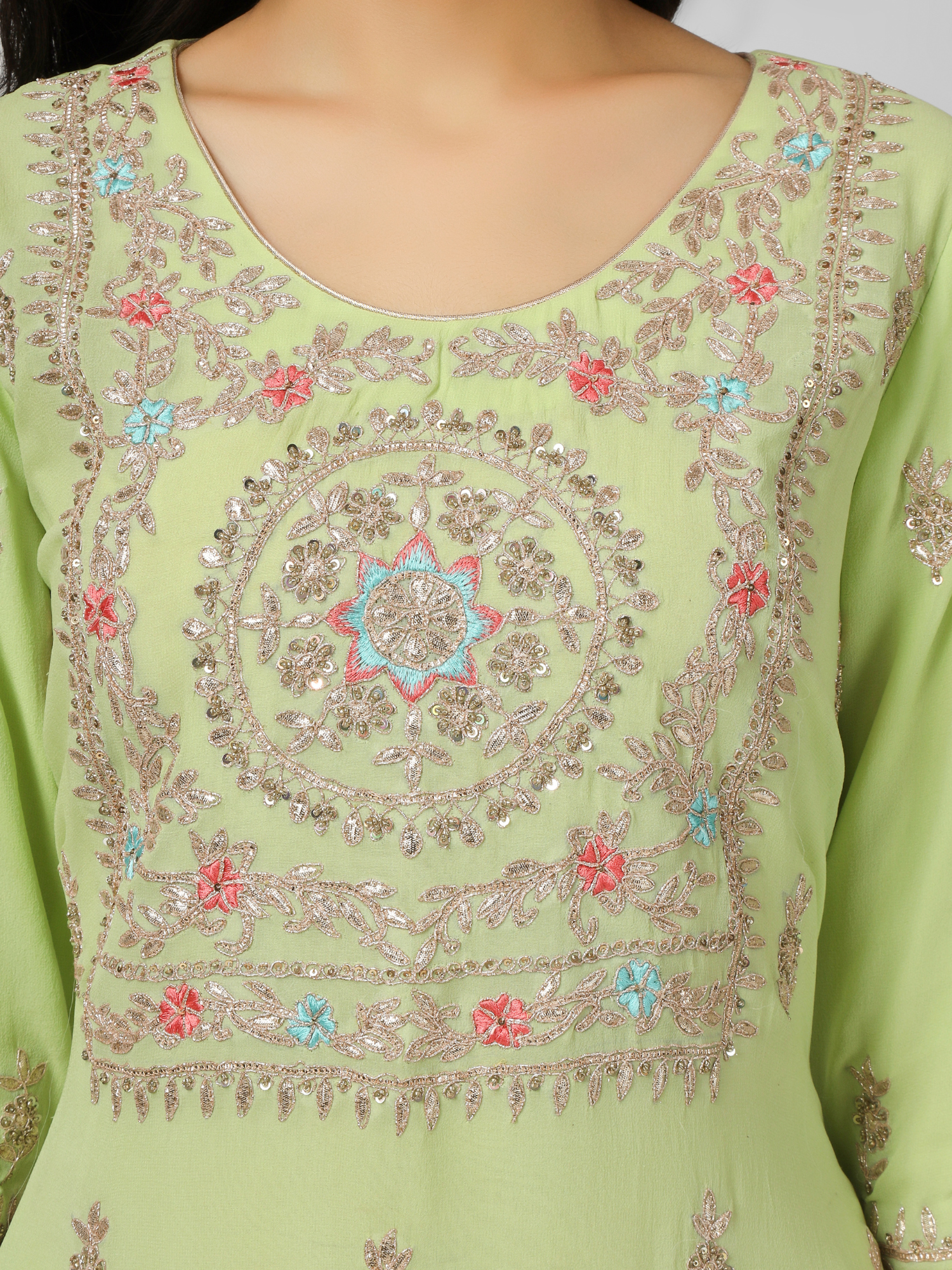 Lime Green Embroidered Georgette  Kurta Set