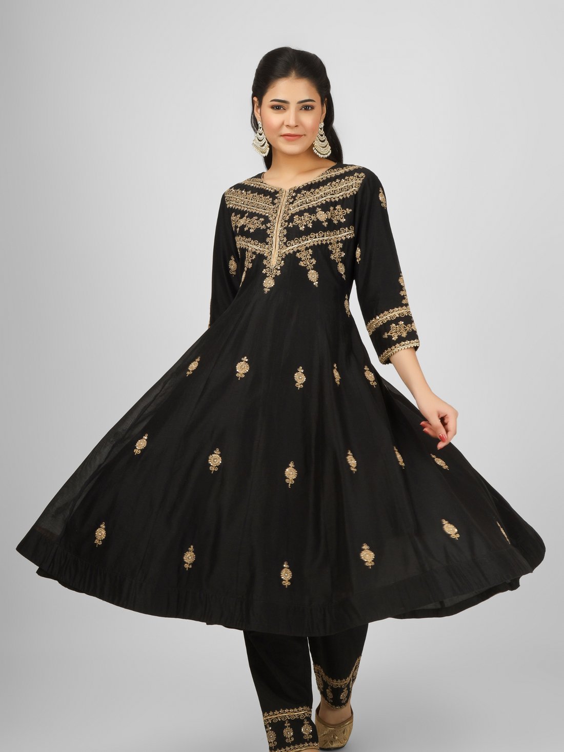 Black Embroidered Silk Chanderi Anarkali Set