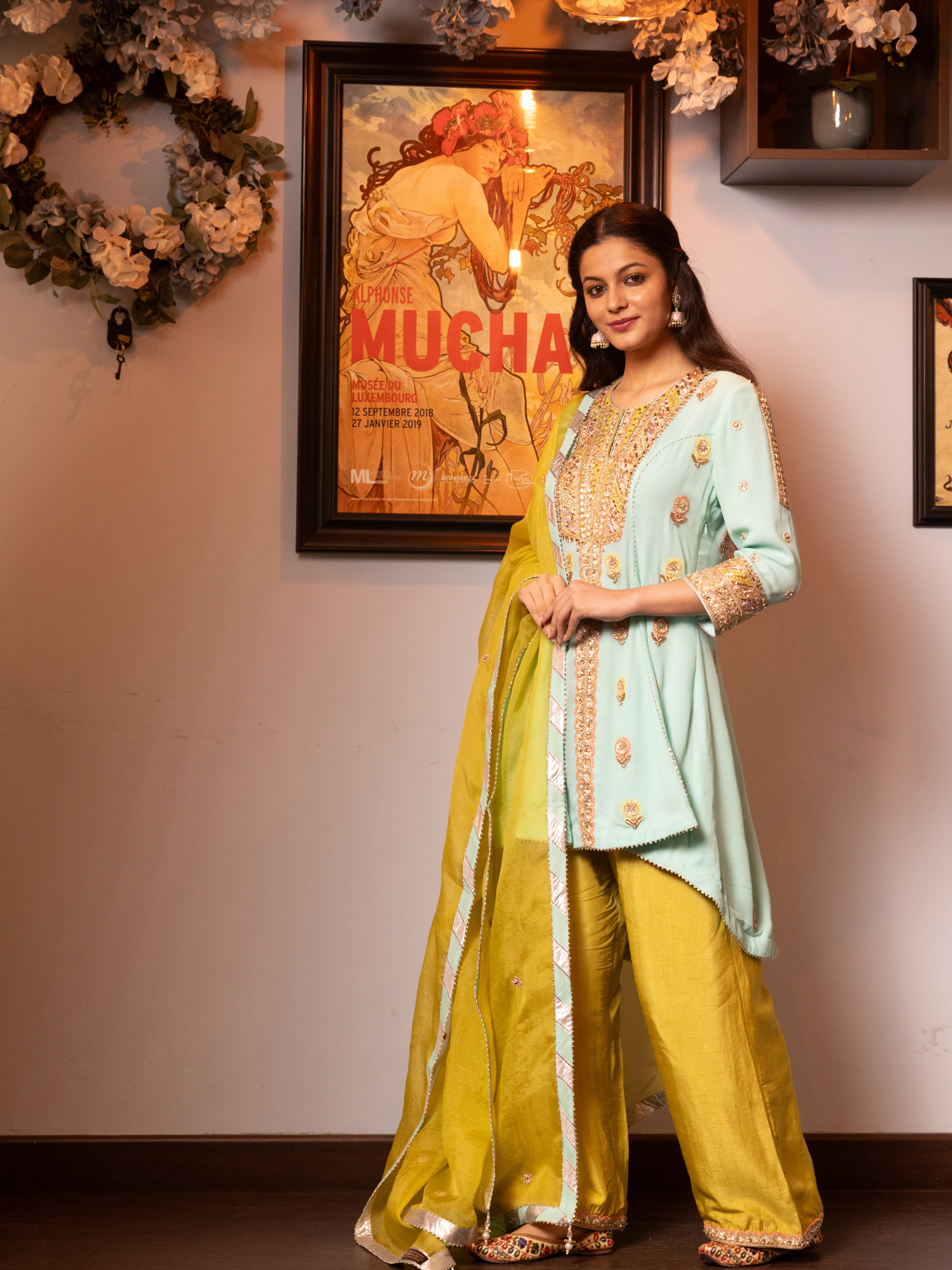 Turquoise Embroidered Stylised Kurta Set