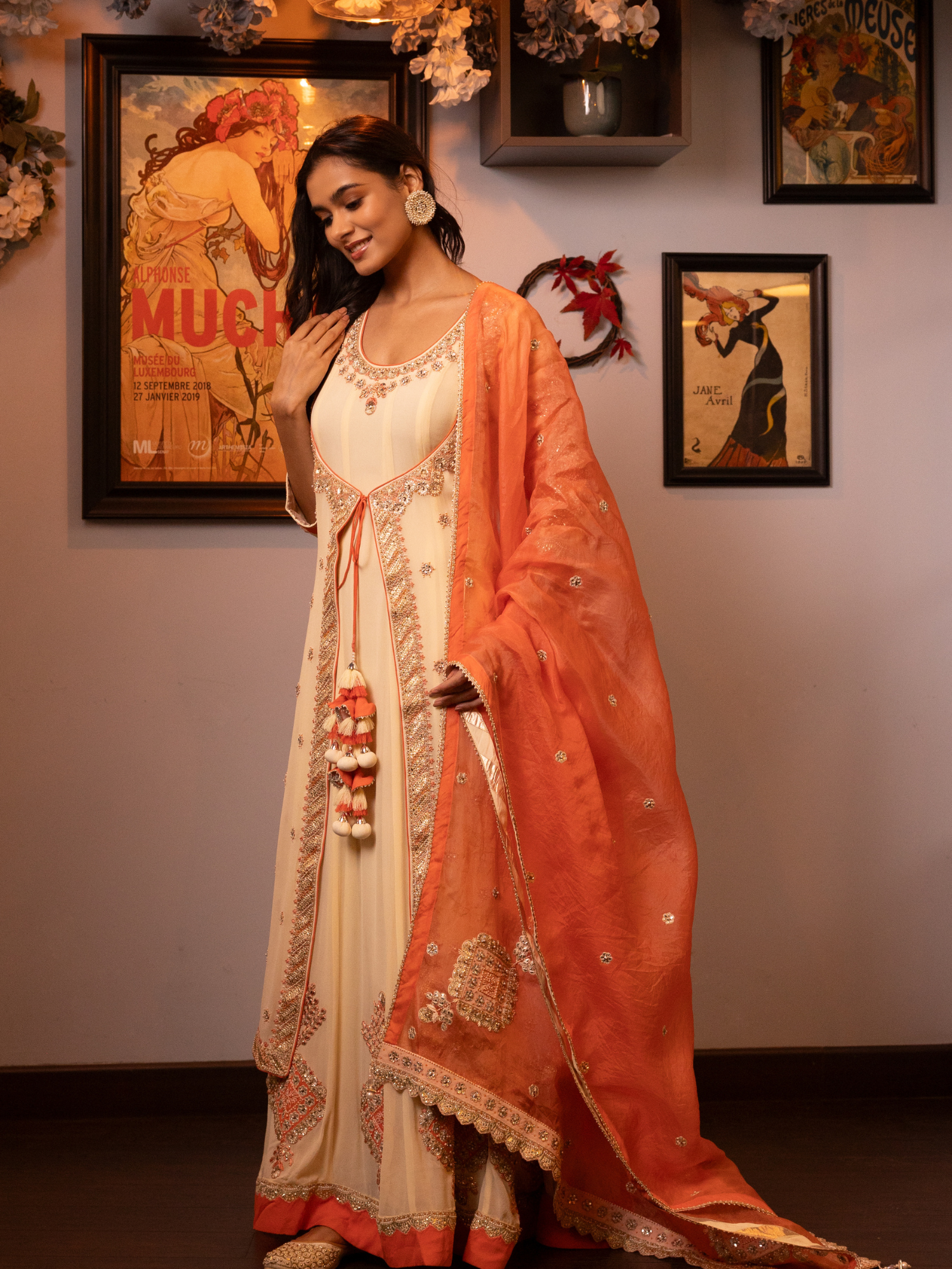 Off White Embroidered  Jacket Style Kalidar Kurta Set