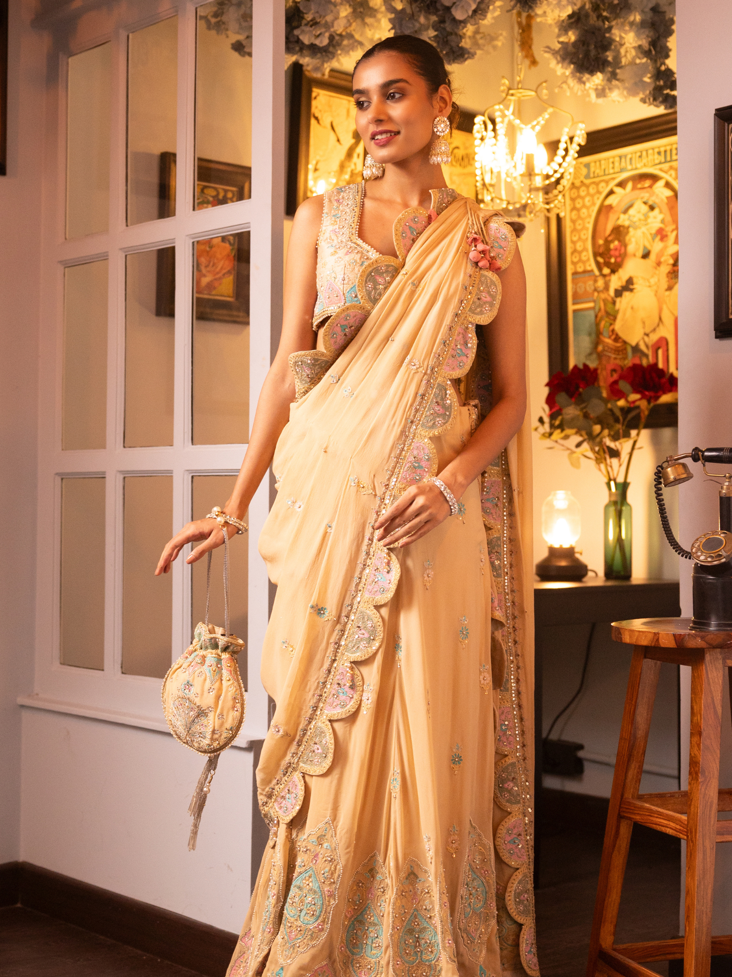 Beige Embroidered Silk Georgette Drape Saree Set