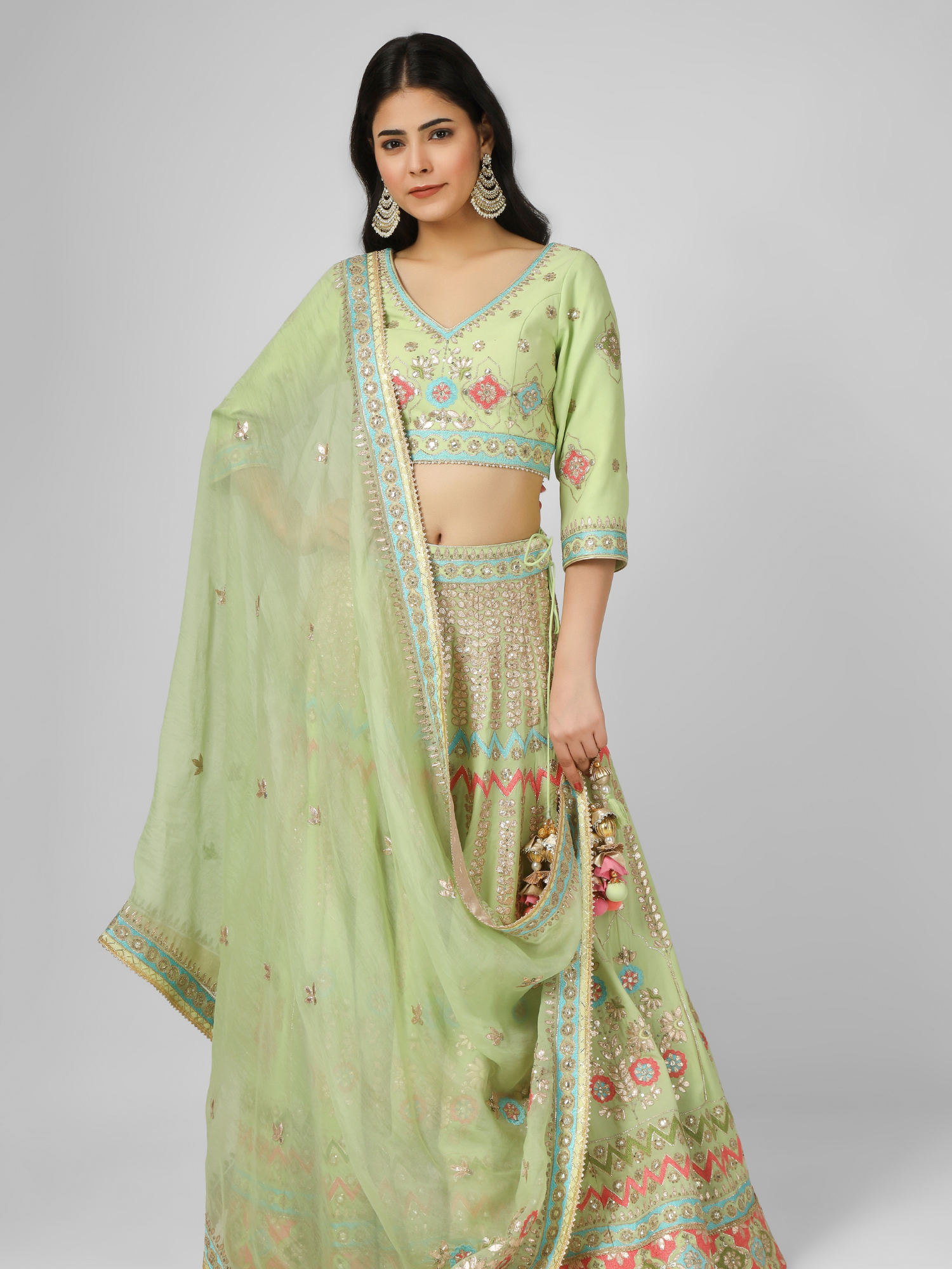 Lime Green Embroidered Georgette Lehenga Set