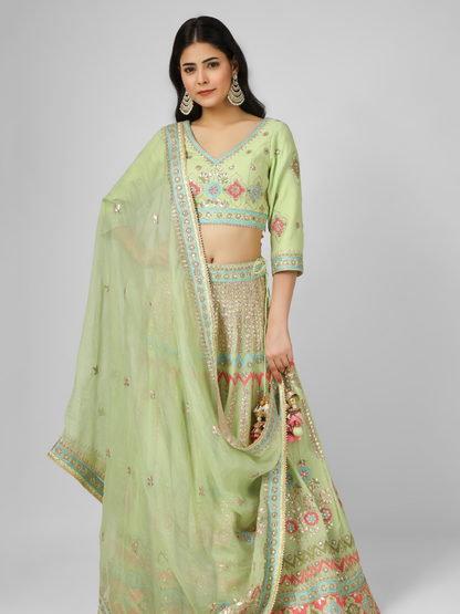 Lime Green Embroidered Georgette Lehenga Set