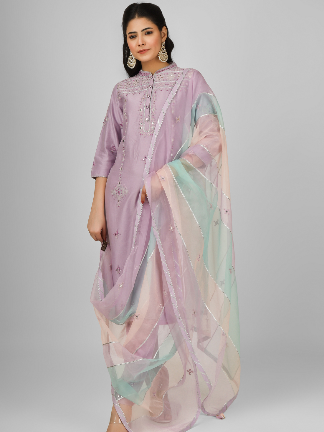 Mauve Embroidered Silk Chanderi Kurta Set