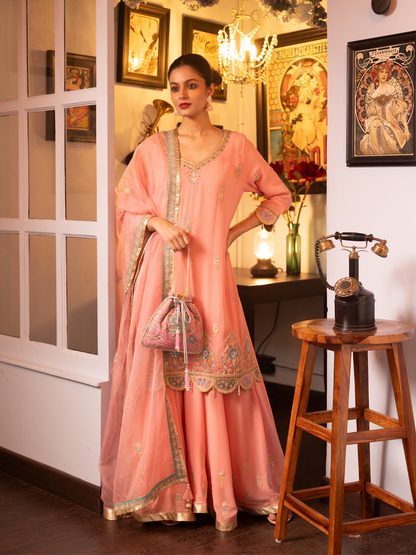 Pink Embroidered Silk Georgette Kurta Sharara Set