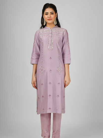 Mauve Embroidered Silk Chanderi Kurta Set