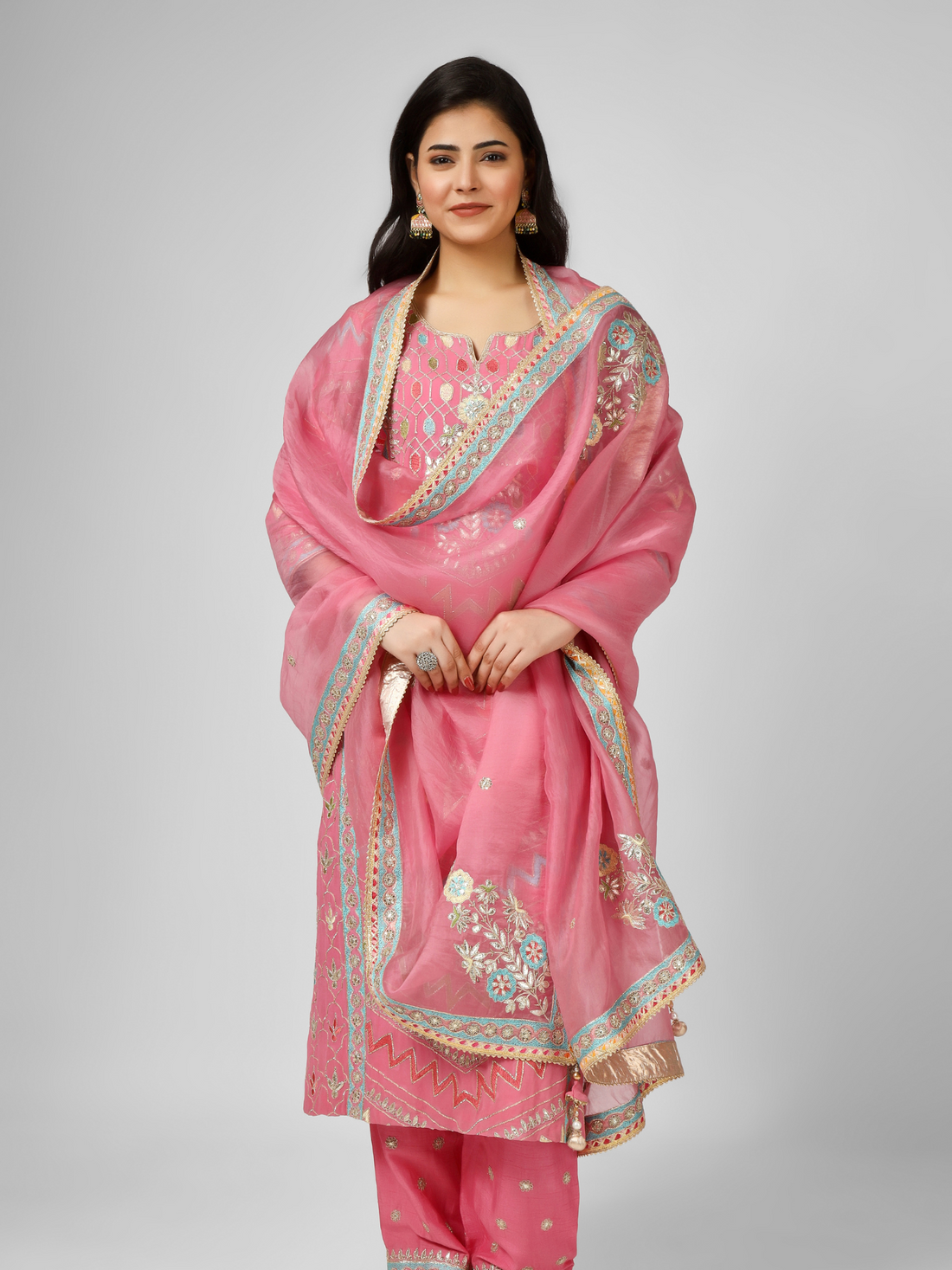 Pink Embroidered Georgette Kurta Suit Set