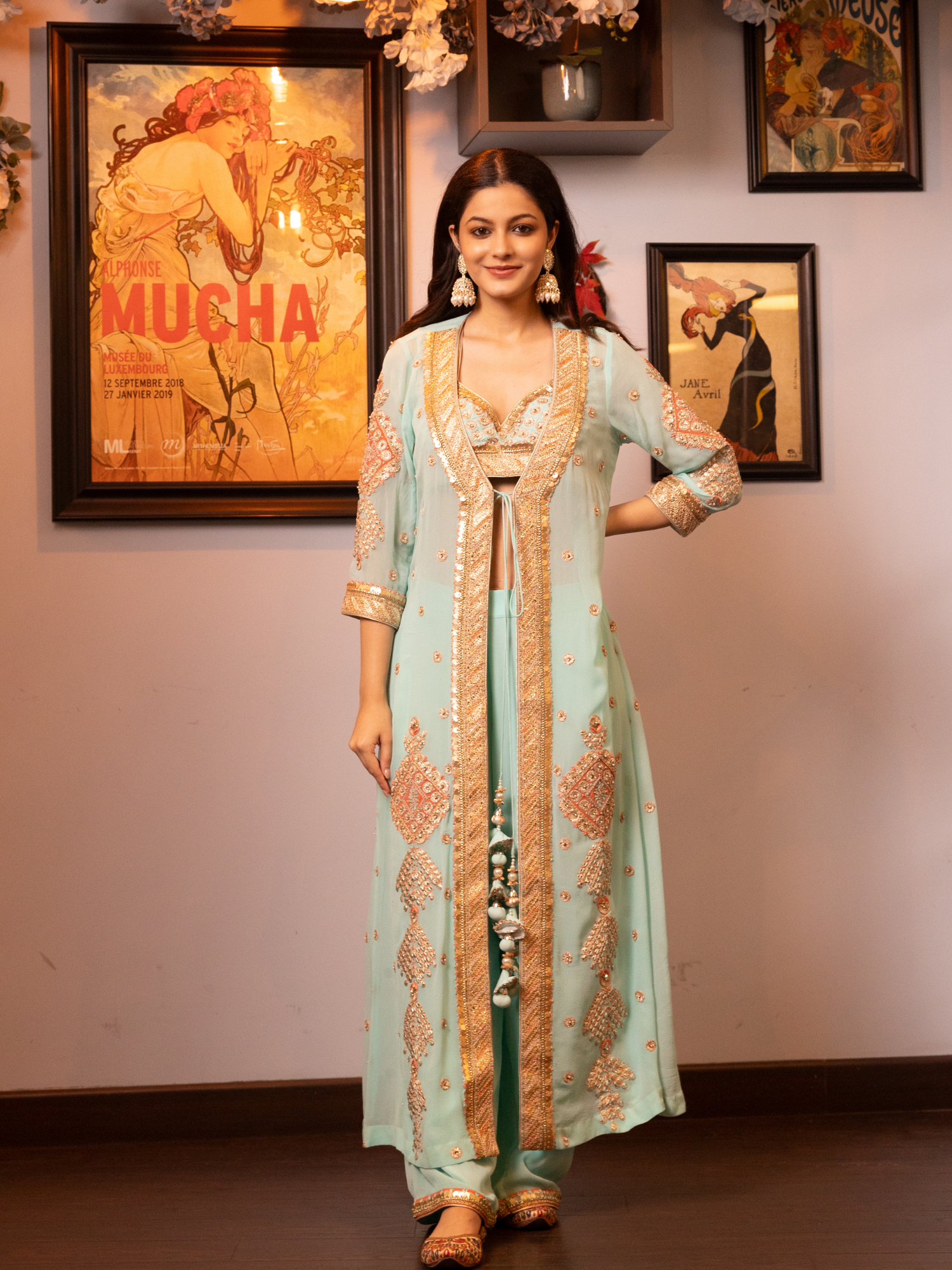 Turquoise Embroidered Stylised Kurta Set