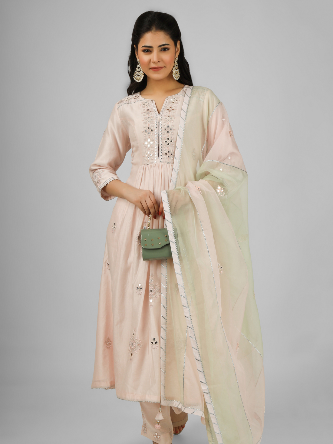 Peach Embroidered Silk Chanderi Kurta Set