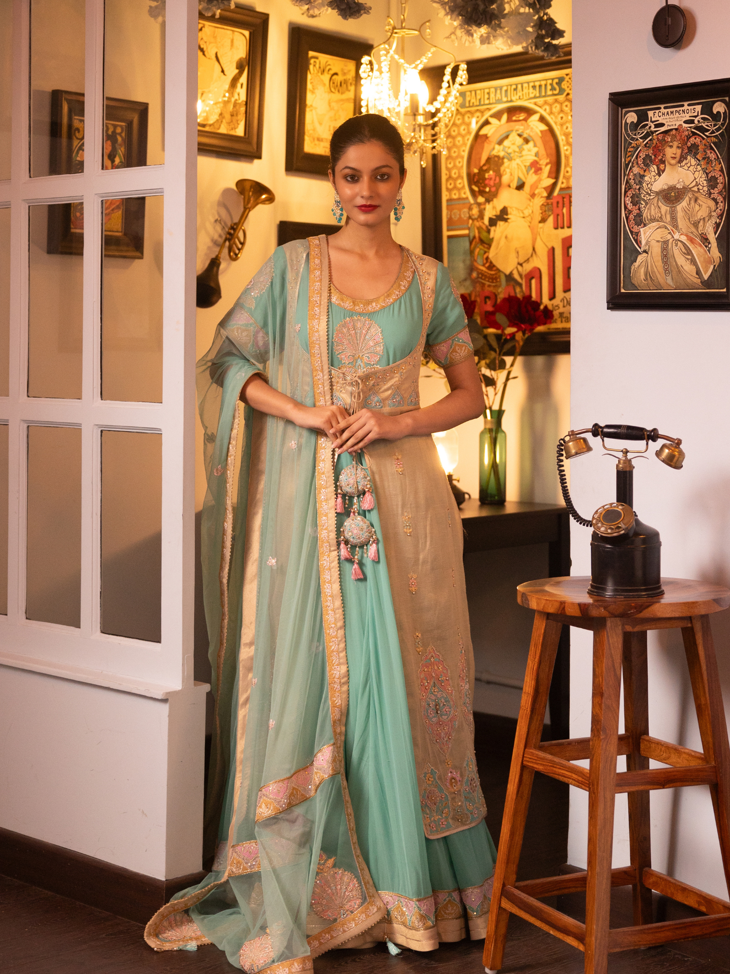 Turquoise Embroidered Silk Georgette Anarkali Set