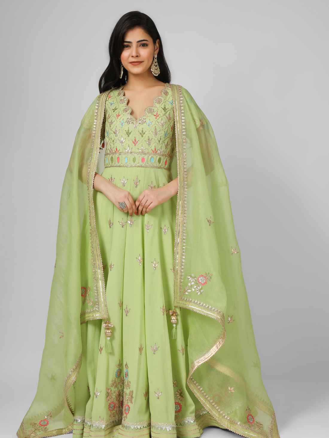 Lime Green Embroidered Georgette Anarkali Set