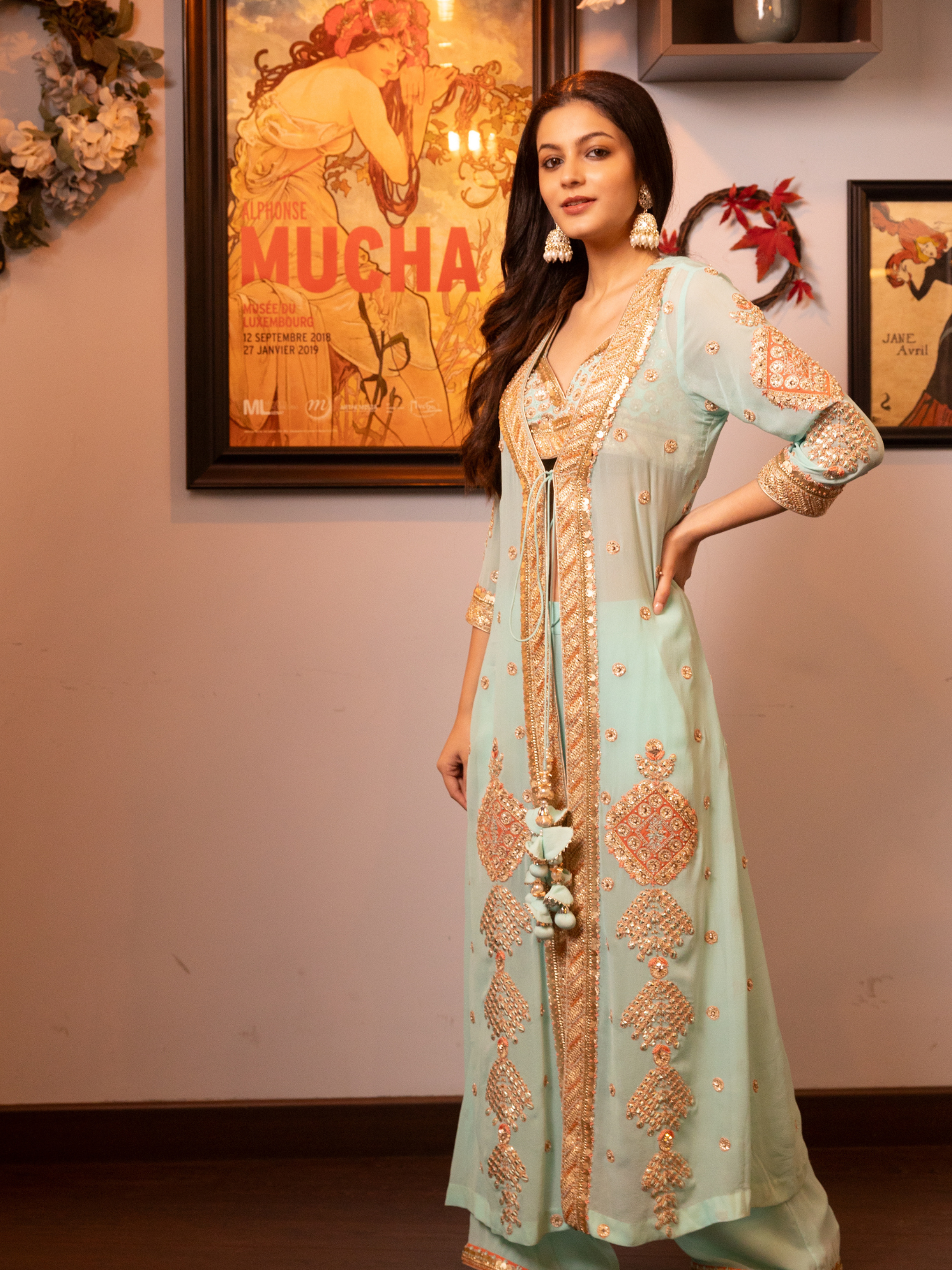 Turquoise Embroidered Stylised Kurta Set