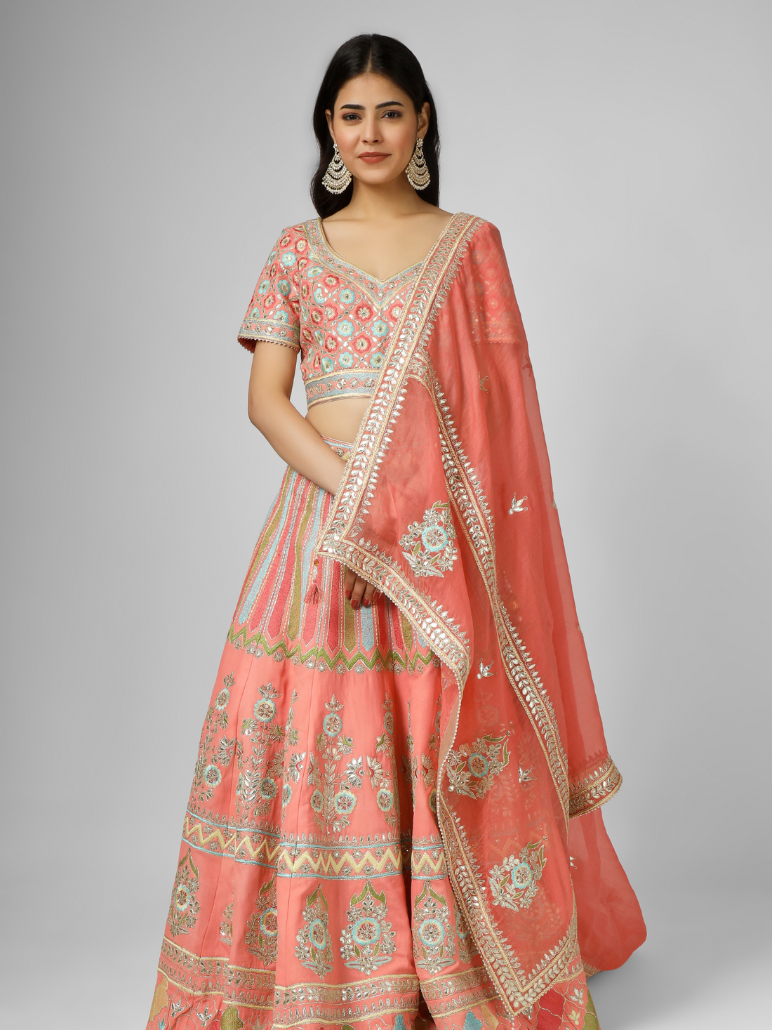 Orange Embroidered Georgette Lehenga Set