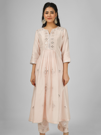 Peach Embroidered Silk Chanderi Kurta Set