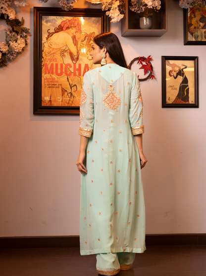 Turquoise Embroidered Stylised Kurta Set