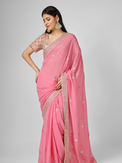 Pink Embroidered Georgette Saree Set