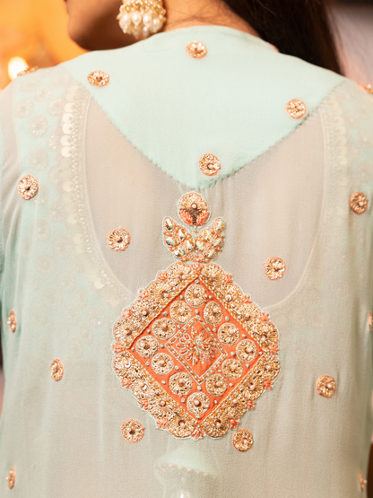 Turquoise Embroidered Stylised Kurta Set