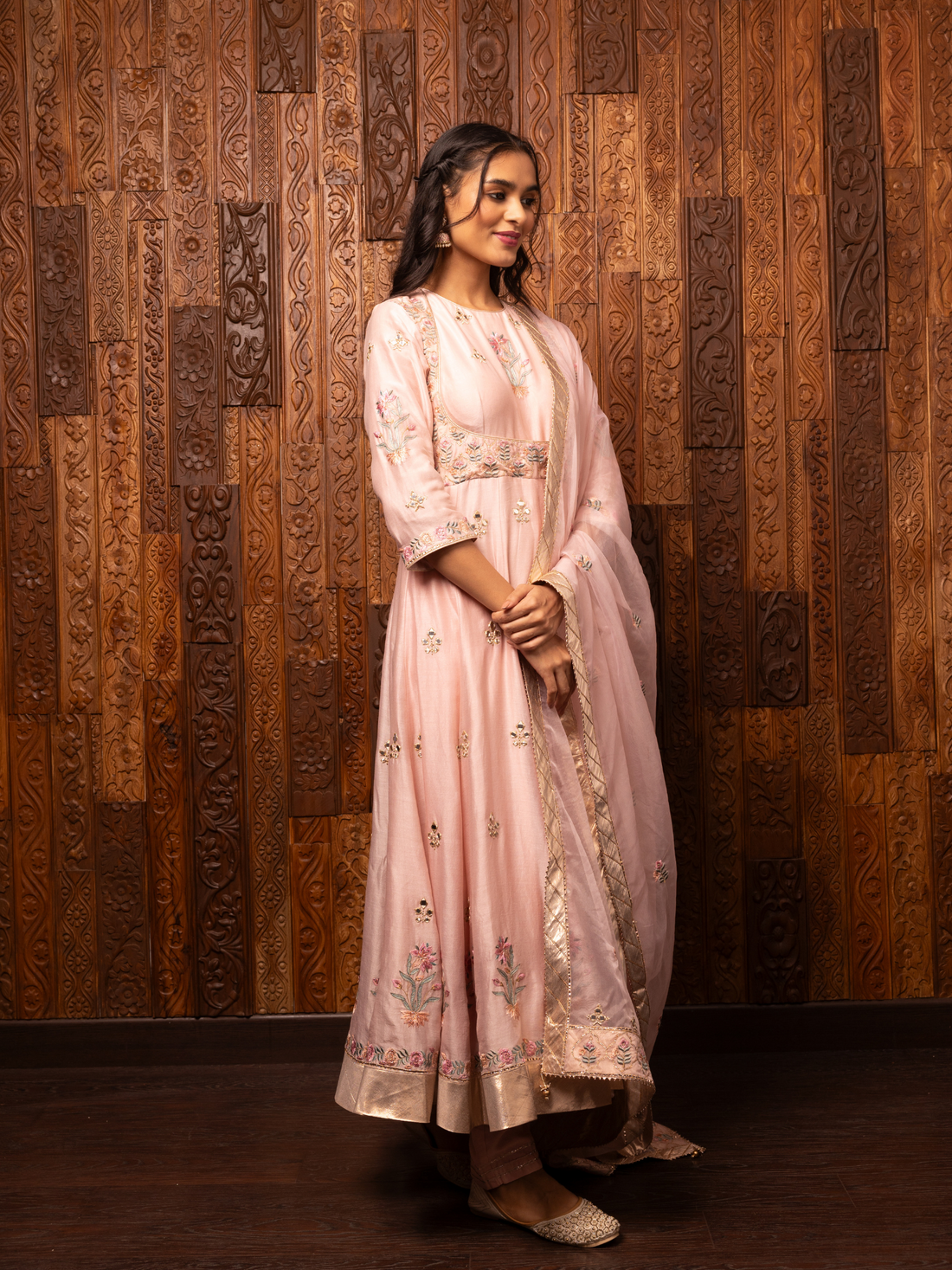 Light Pink Embroidered Silk Chanderi Kalidar Set