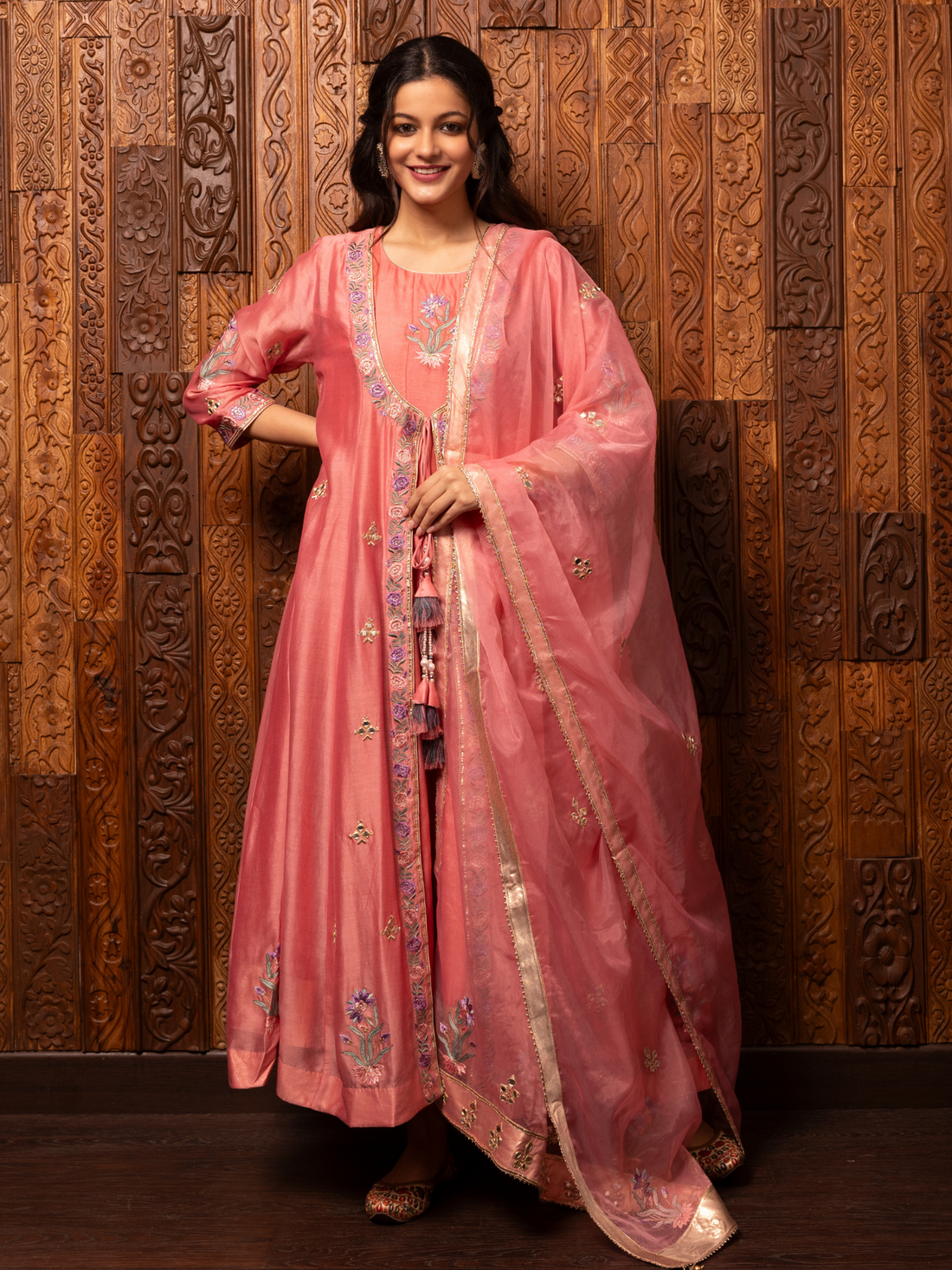 Pink Embroidered Silk Chanderi Kalidar Set