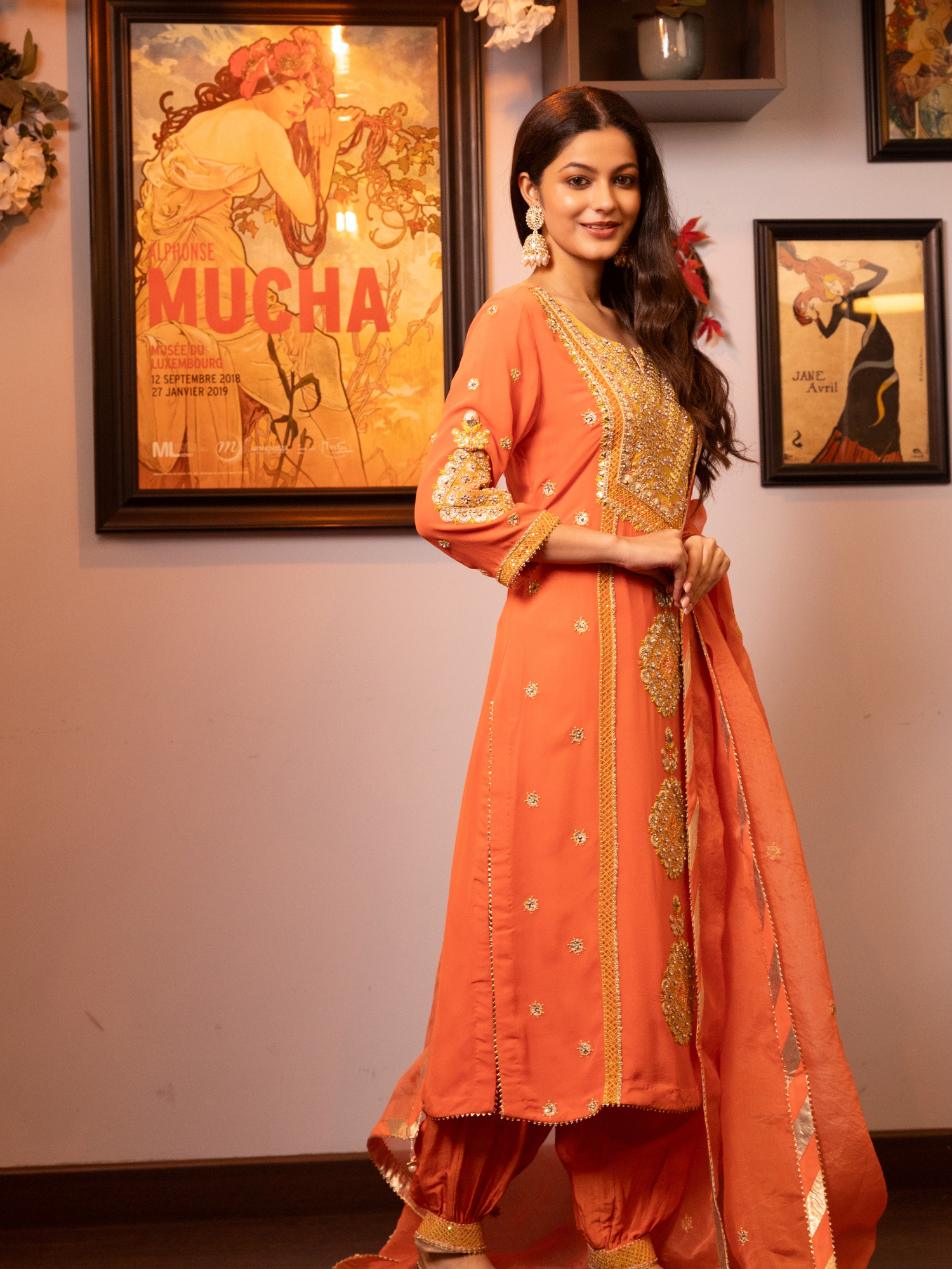 Orange Embroidered Kurta Suit Set