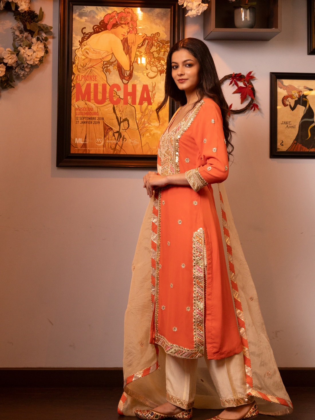 Orange Embroidered Kurta Suit Set