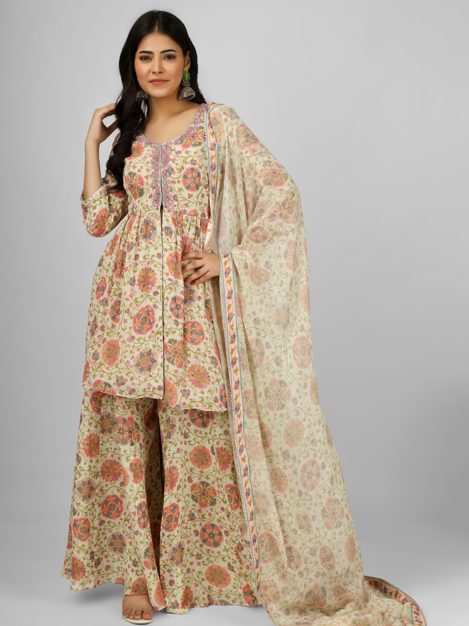 Printed Silk Georgette Kurta Sharara Set