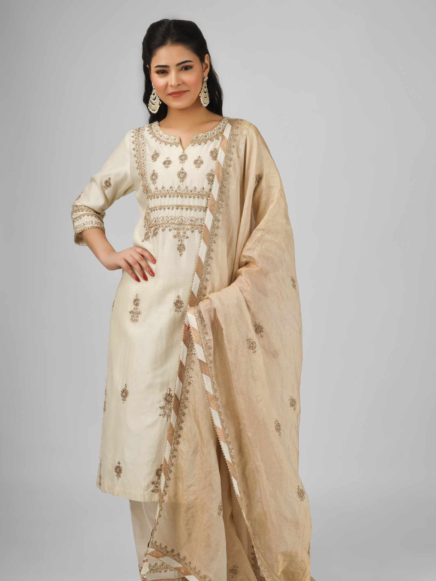 Off White Embroidered Silk Chanderi Kurta Set