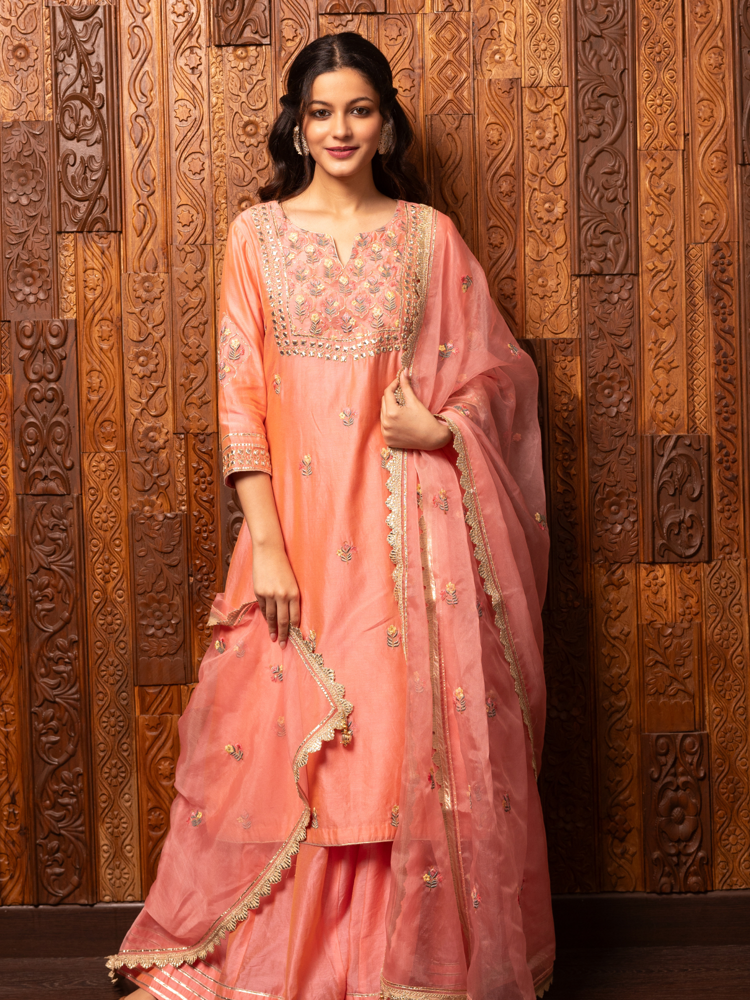 Pink Embroidered Silk Chanderi Kalidar Set