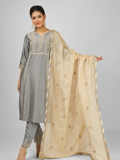 Grey Embroidered Silk Chanderi Kurta Set