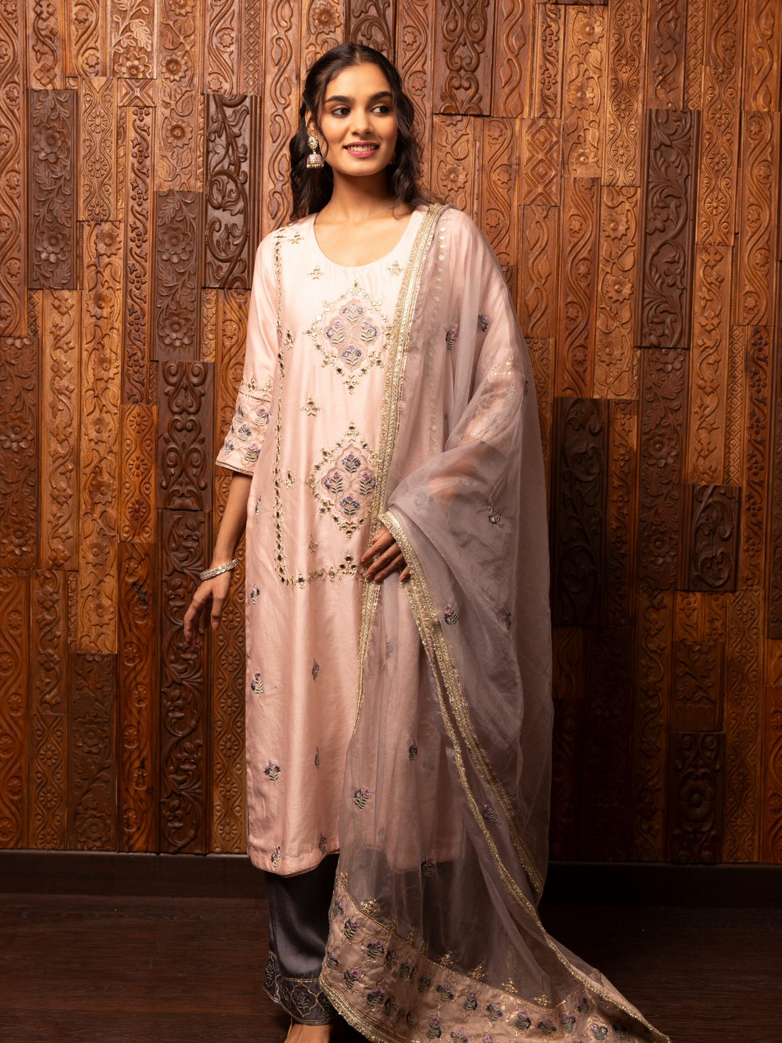 Light Pink Embroidered Silk Chanderi Kurta Suit Set