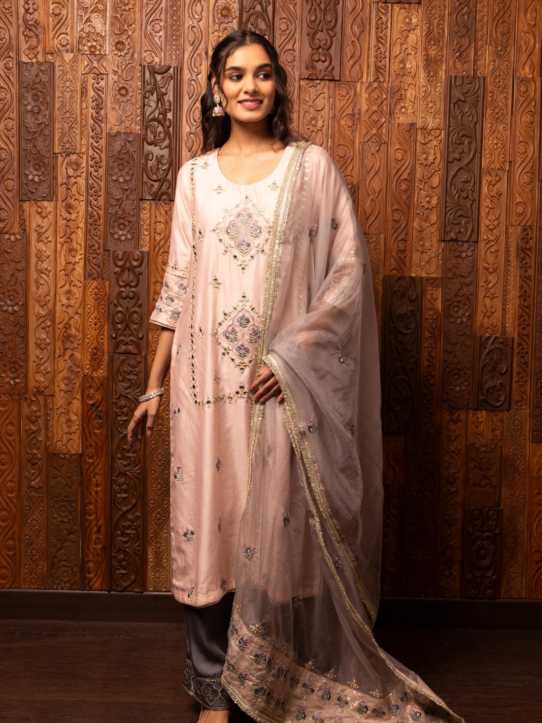 Light Pink Embroidered Silk Chanderi Kurta Set