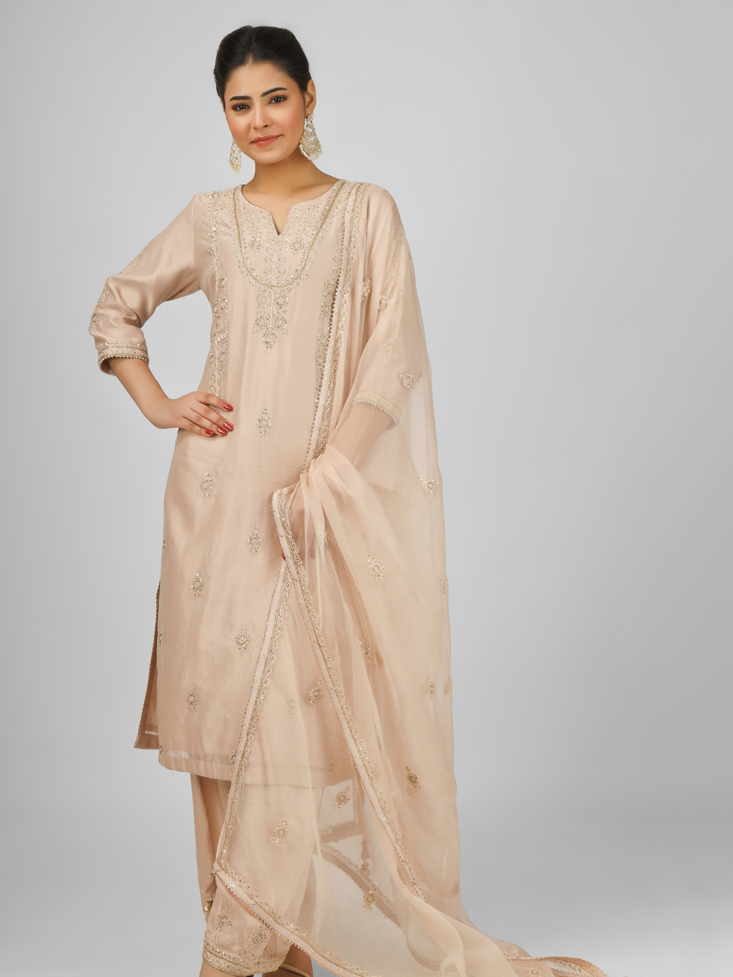 Peach Embroidered Silk Chanderi Kurta Set