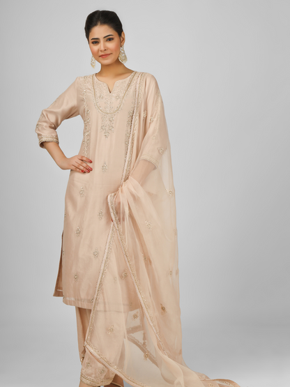 Peach Embroidered Silk Chanderi Kurta Set