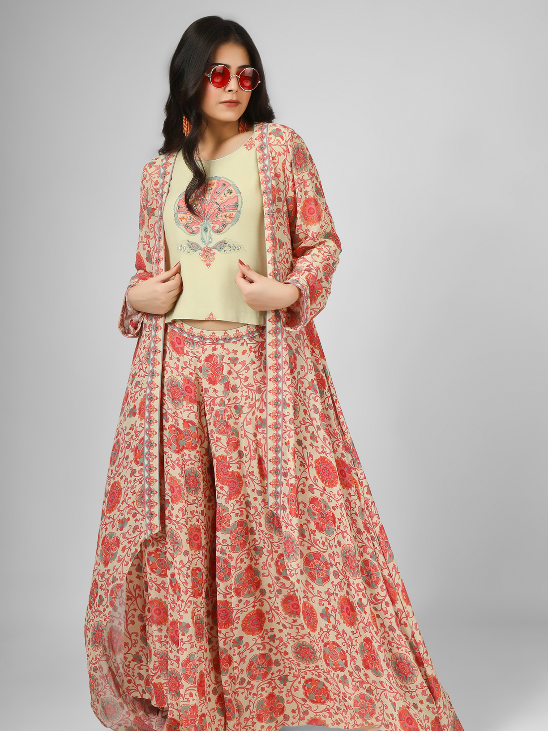 Printed Silk Georgette Jacket With Top And Palazzo Set