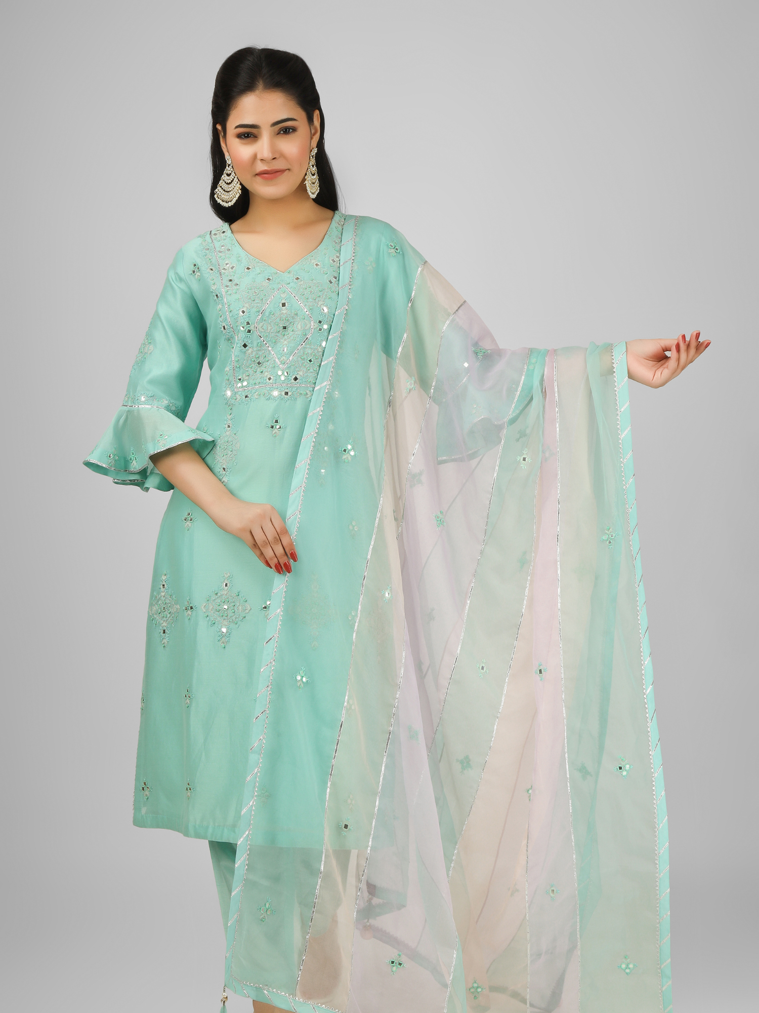 Sea Green Embroidered Silk Chanderi Kurta Set