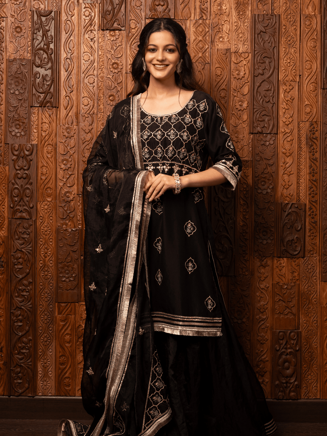 Black Embroidered Silk Chanderi Kurta Sharara Set